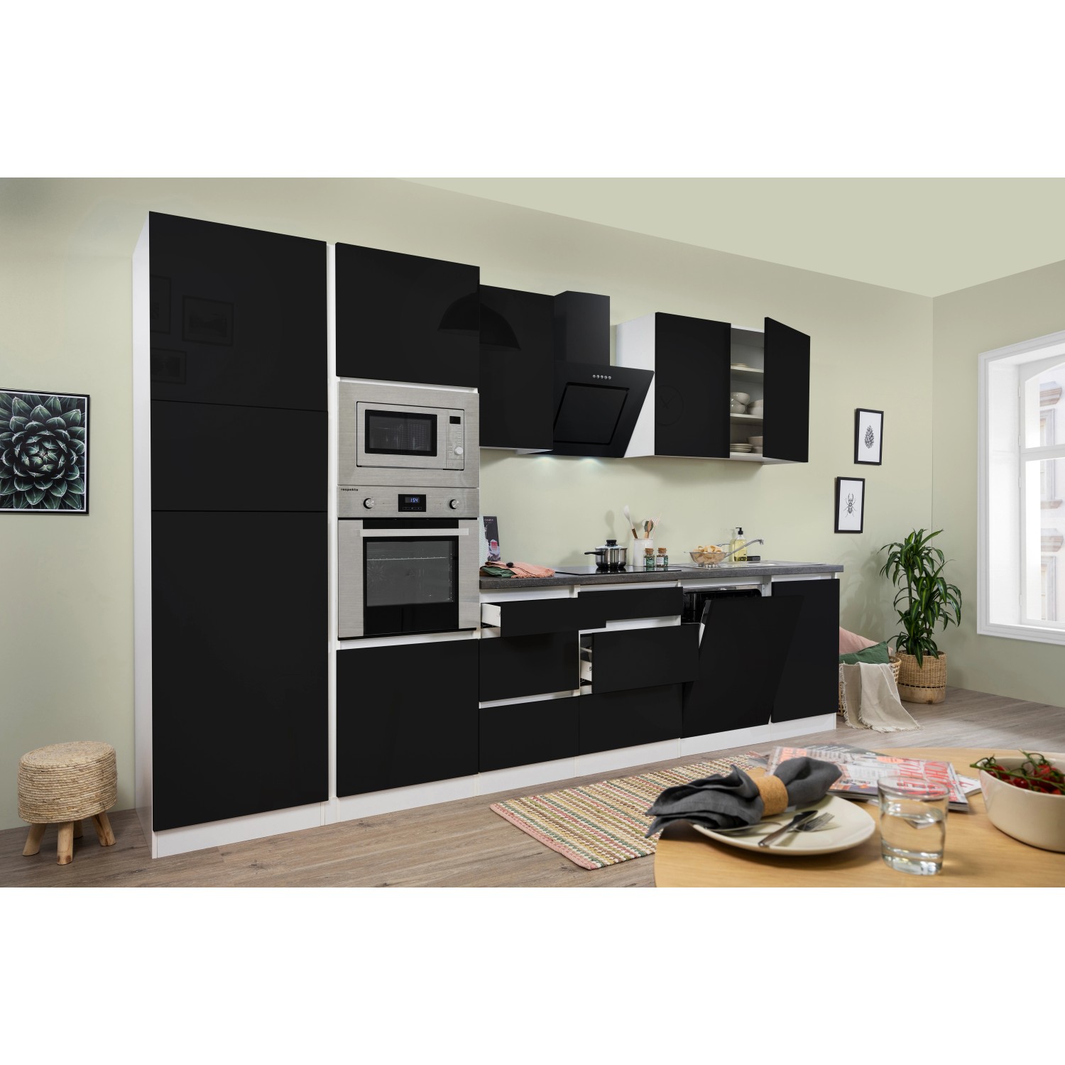 Respekta Premium Küchenzeile/Küchenblock Grifflos 345 cm Schwarz Hochglanz-Weiß
