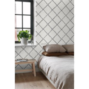 ESTAhome Vliestapete mit Berberteppich-Muster in Schwarz und Weiß im Schlafzimmer.