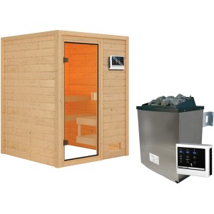 Woodfeeling Sauna Sandra mit Ofen und Glastür. Massivholzsauna mit externer Steuerung.