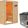 Woodfeeling Sauna Sandra mit Ofen und Glastür. Massivholzsauna mit externer Steuerung.