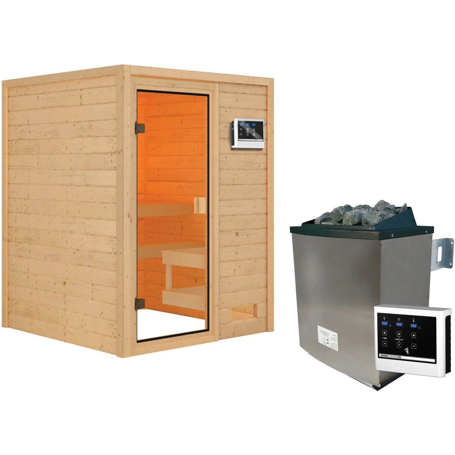 Woodfeeling Sauna Sandra mit Ofen und Glastür. Massivholzsauna mit externer Steuerung.