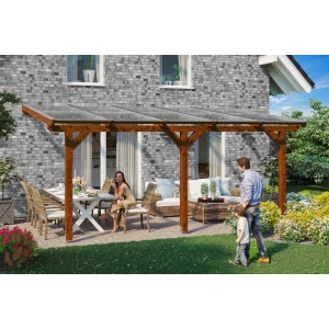 Skan Holz Terrassenüberdachung Bormio, 541x250 cm, Leimholz Nussbaum mit Polycarbonat-Dach.