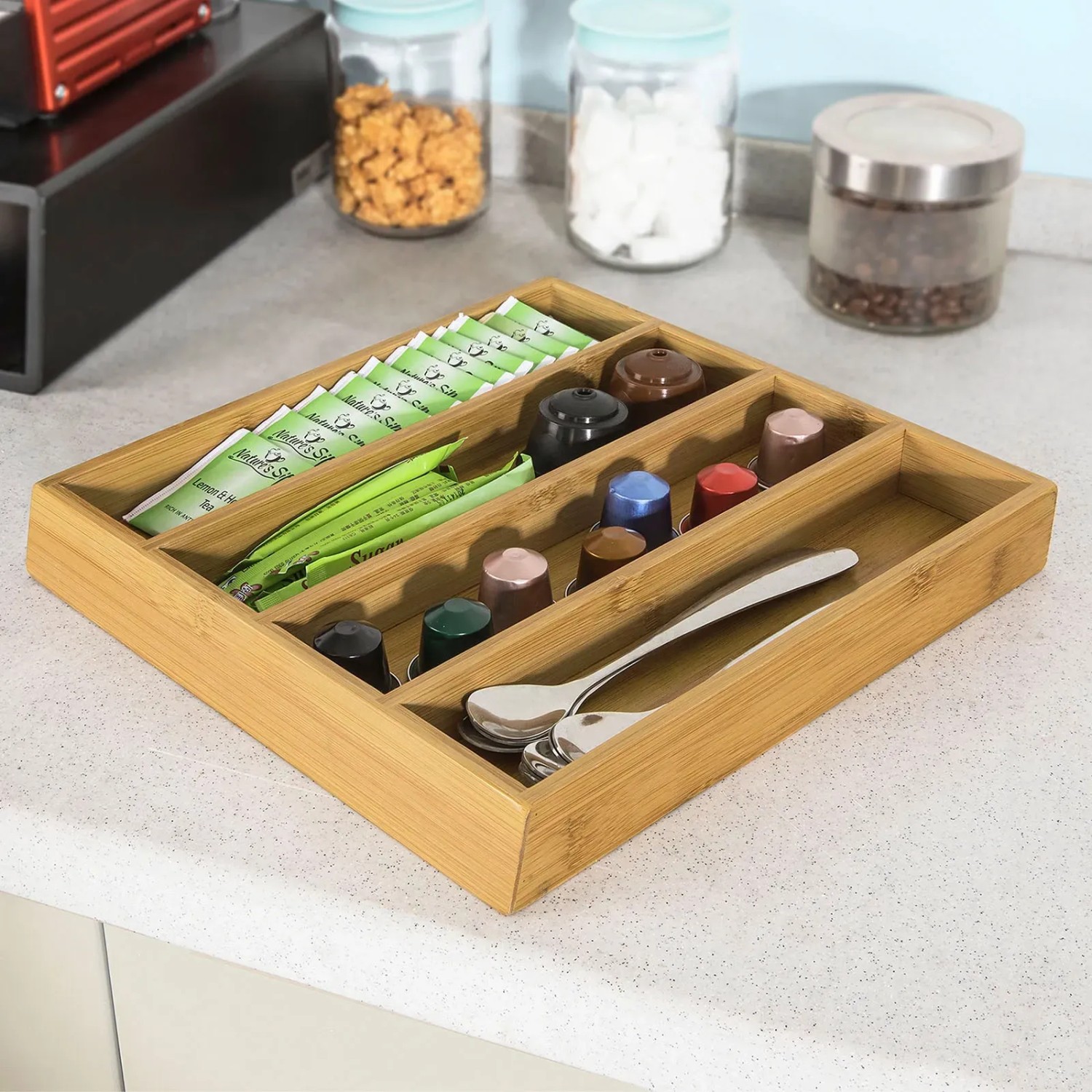 SoBuy Schubladenbox FRG280-SCH aus Bambus und MDF für Kaffeekapseln und Teebeutel.
