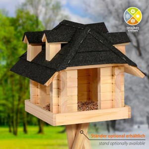 Dobar Vogelhaus Nero XL aus hellem Kiefernholz mit schwarzem Walmdach, Gauben und Vogelfutter. Hängende Futterstation.