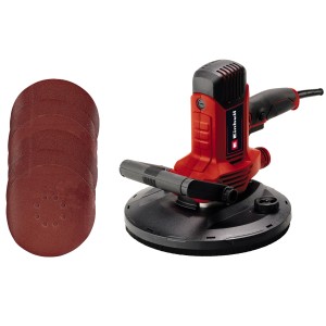 Einhell Trockenbauschleifer TC-DWS 225 mit Schleifscheiben. Roter Wandschleifer mit Zubehör.
