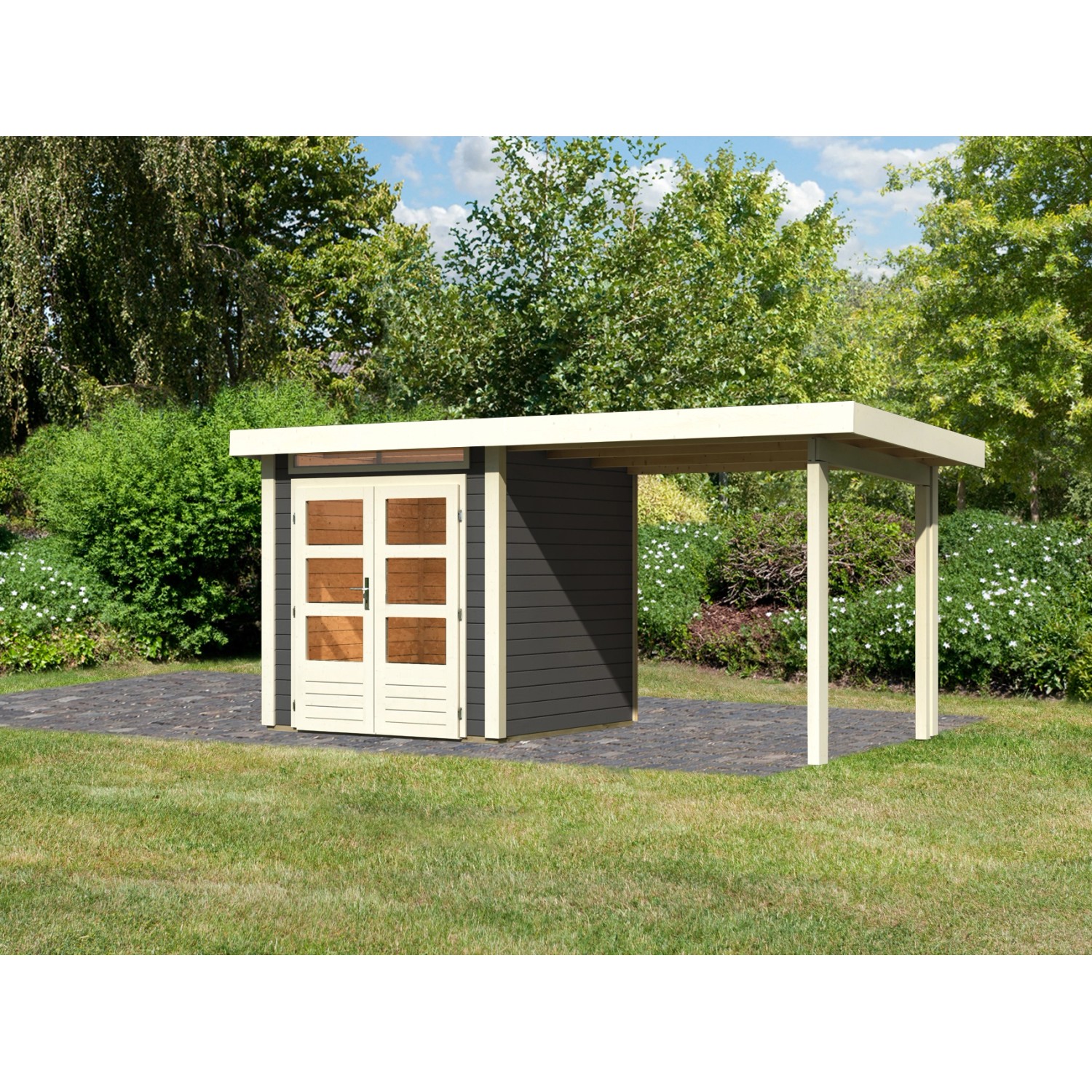 Karibu Gartenhaus/Gerätehaus Set Kumla 1 Terragrau mit Anbaudach 235 cm Breit 4 m²