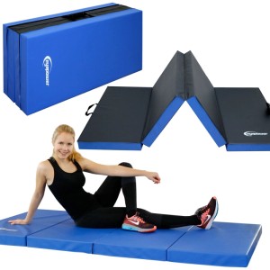 Blaue eyepower Weichbodenmatte, 8 cm dick, gefaltet und entfaltet, mit Frau beim Training. Ideal für Gymnastik & Sport.