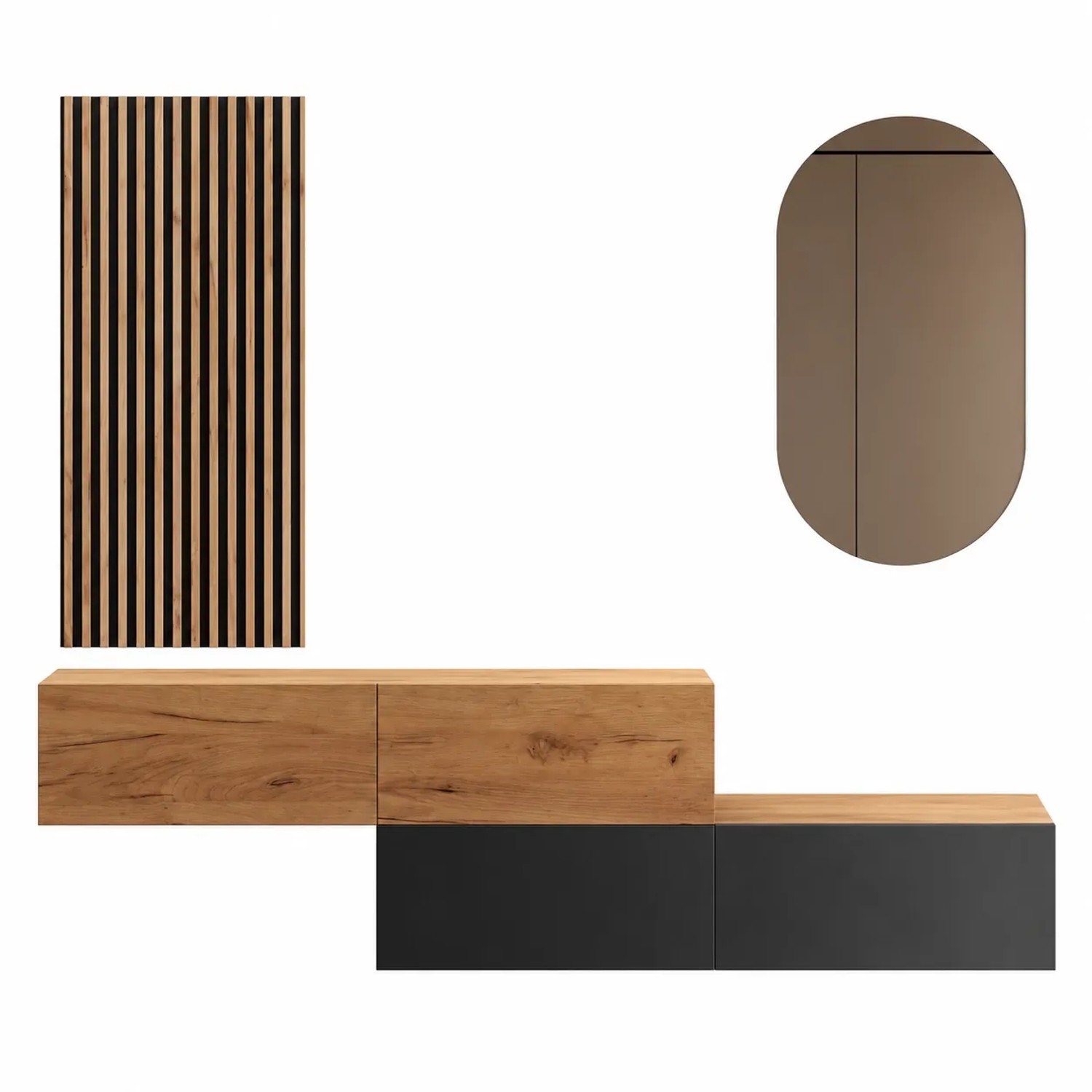 Planetmöbel Flurgarderobe Set 2 x 140 cm Gold Eiche Anthrazit Gold Eiche mit Wandpaneel und Spiegel ohne LED Beleuchtung