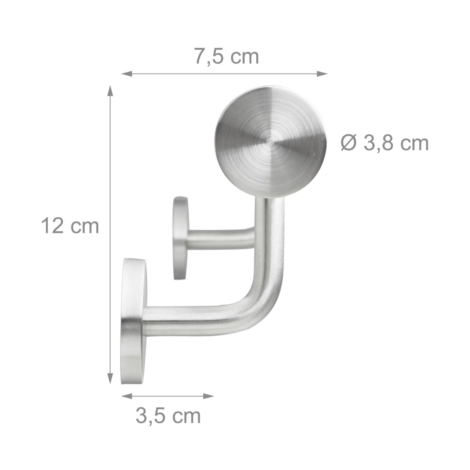 Edelstahl Rundhandlauf-Halterung in Silber mit Maßen: H 12 cm, T 7,5 cm, Ø 3,8 cm. Für Wandmontage.