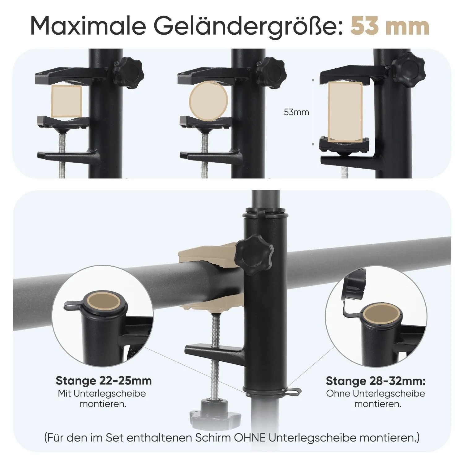 Details zur Befestigung des Sekey Sonnenschirms am Geländer, verschiedene Stangengrößen.
