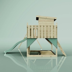 PolarPlay Spielturm Björn mit Schaukel und Rutsche, mintgrün. Holzspielturm für Kinder.