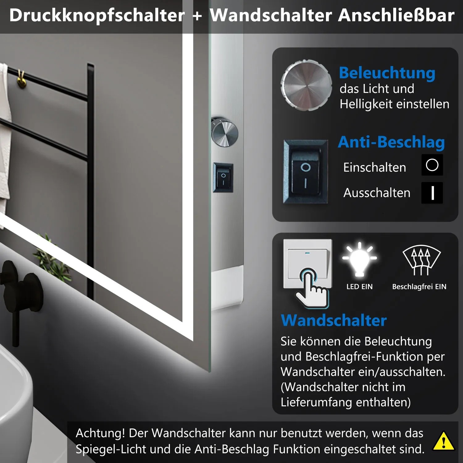 Aica Sanitär Badspiegel 120x70 cm Spiegel mit LED Beleuchtung Dreh Knopfschalter Wandschalter Kaltweiß Dimmbar Memory Wandspiegel Badezimmerspiegel_4