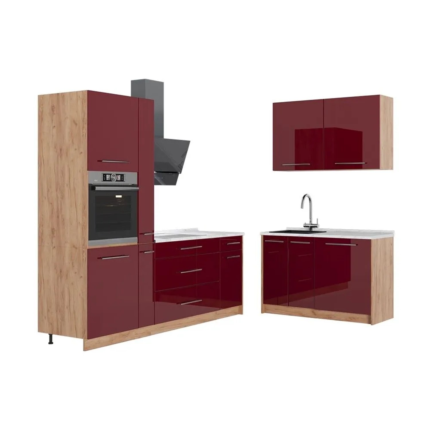 Vicco Küchenzeile Fame-Line Bordeaux Hochglanz/Goldkraft Eiche 220 x 207 AP Marmor Art Nr 64993