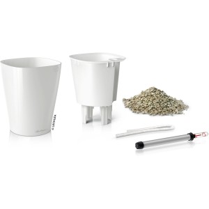 Lechuza Deltini, weißes Pflanzgefäß (Ø 14cm) mit Zubehör für die Bewässerung.