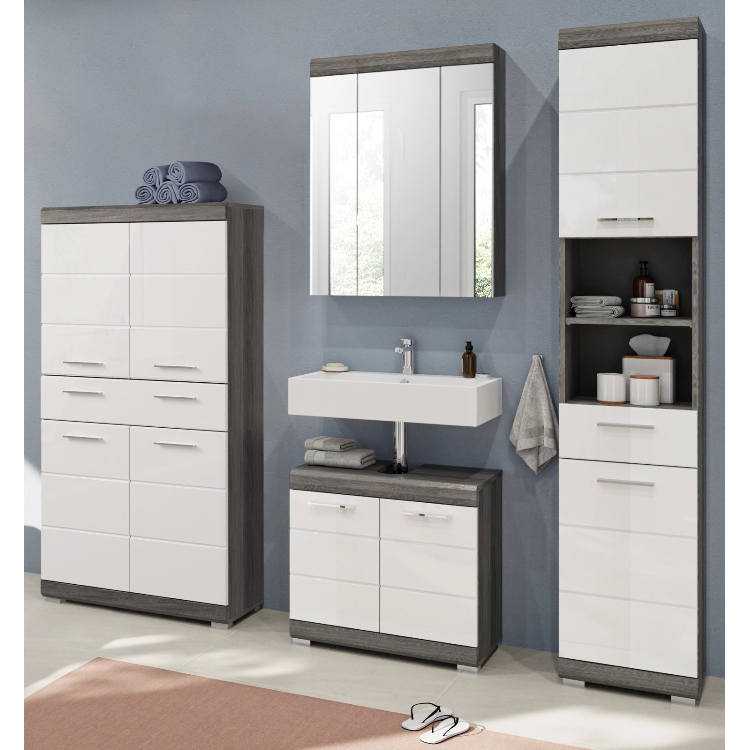 Inn.Furn Badmöbel-Set Weiß Hochglanz Grau 4-teilig 186 cm 31 Fächer Shawn günstig online kaufen