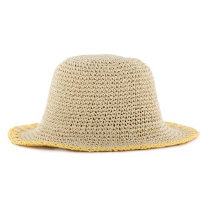 Blackfox Kinderhut Maelyne Beige aus Stroh mit gelbem Rand, ideal für sonnige Tage in der Gartenbekleidung.