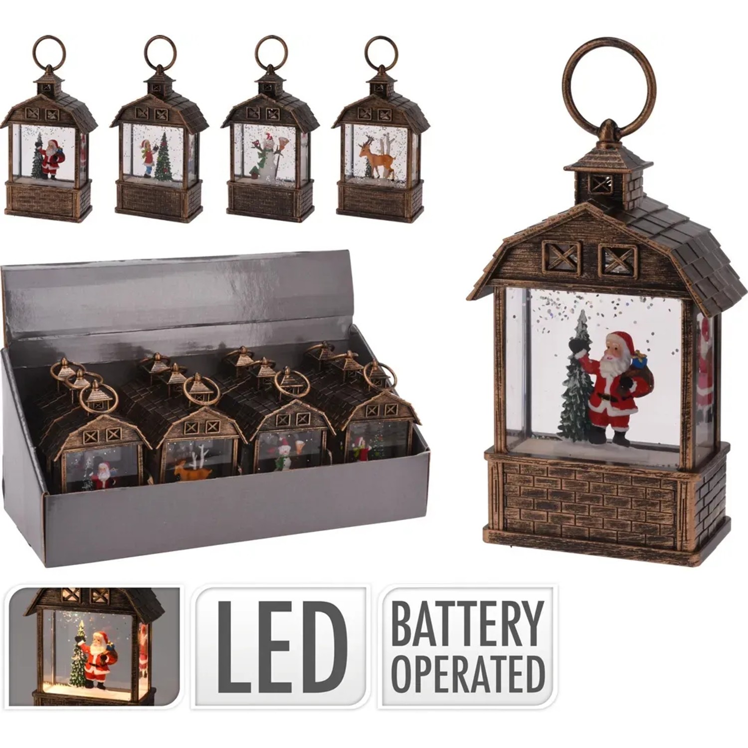 Hängende LED Laterne, 14 cm, 4-fach sortiert, mit weihnachtlichen Motiven.