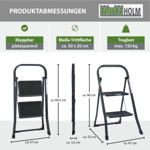 TRUTZHOLM Trittleiter 2 Stufen Klappbar TÜV/GS 150 kg Anti-Rutsch Trittflächen Anthrazit
