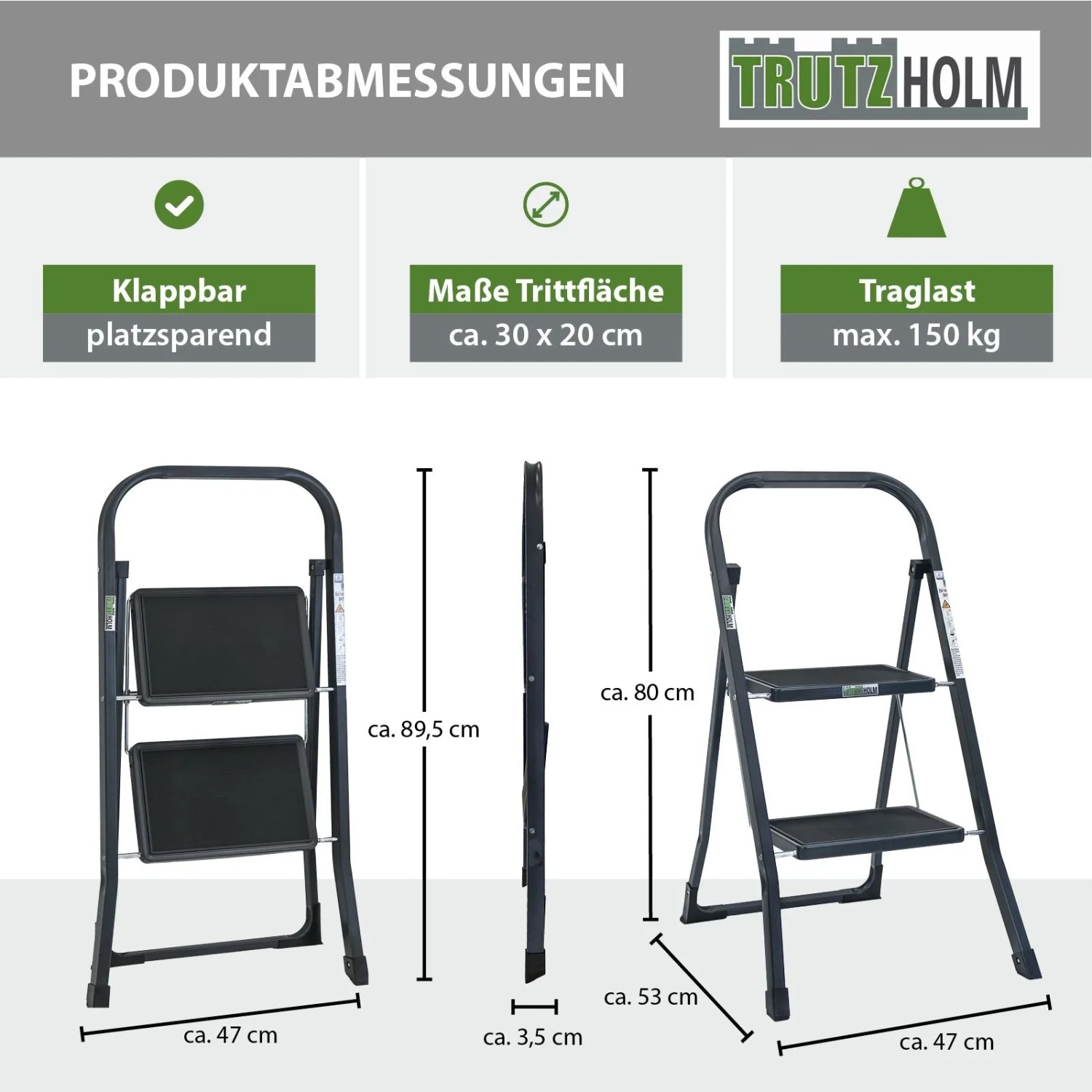 TRUTZHOLM Trittleiter 2 Stufen Anthrazit, geklappt und ausgeklappt mit Maßen. Anti-Rutsch Trittflächen, 150 kg Traglast.