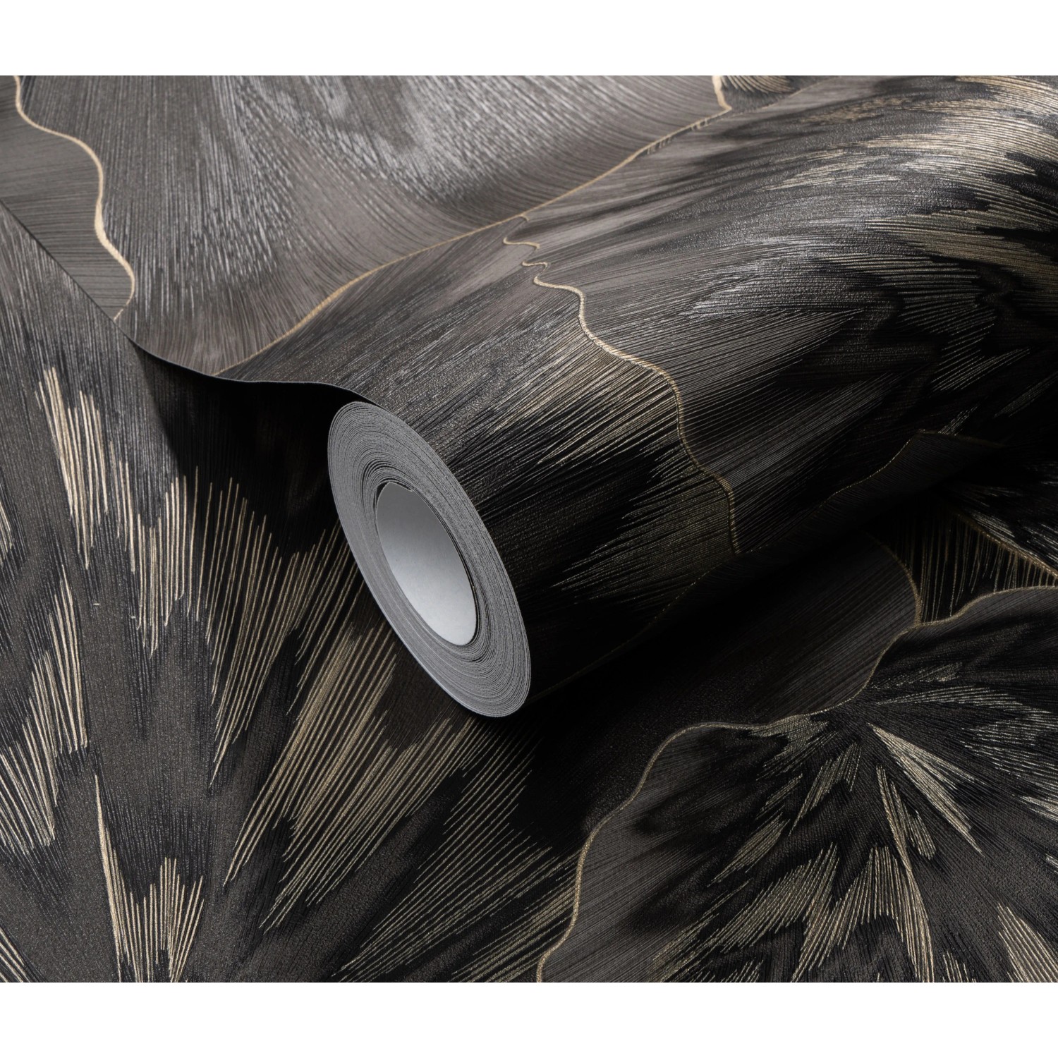 Erismann Vliestapete Spotlight Bliss Schwarz mit Blättermotiv auf Rolle.