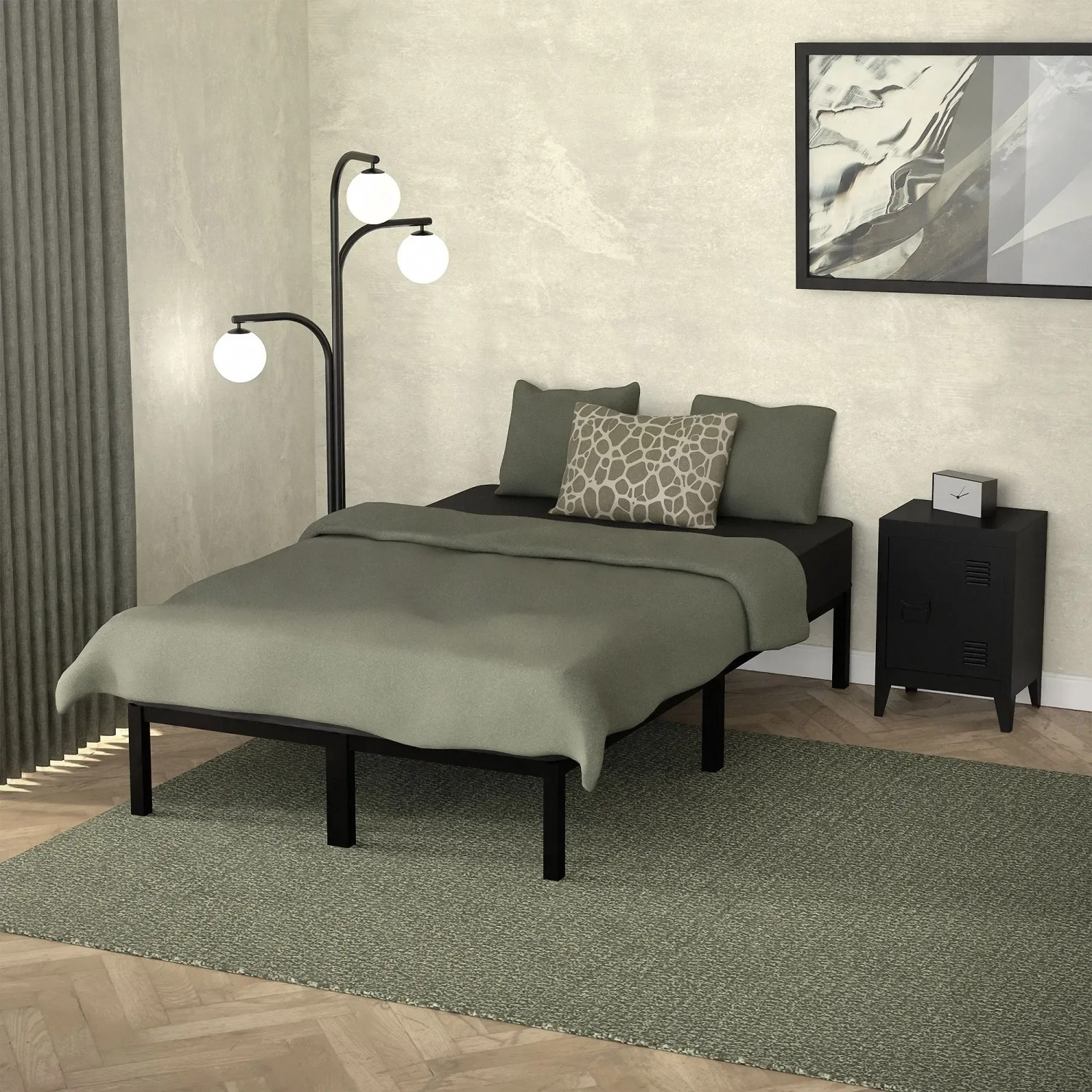 Schwarzes ML-Design Metallbett (120x200 cm) mit Lattenrost im Schlafzimmer.