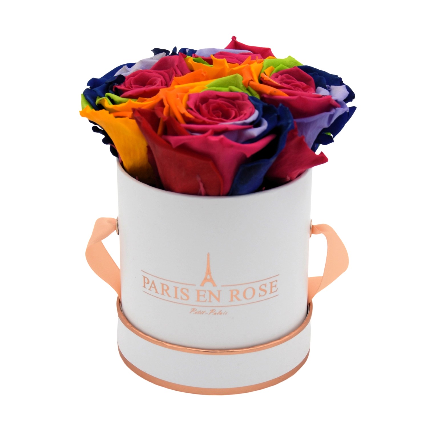 Rosenbox Ø 10 cm Weiß-Roségold mit 4 Rainbow Rosen