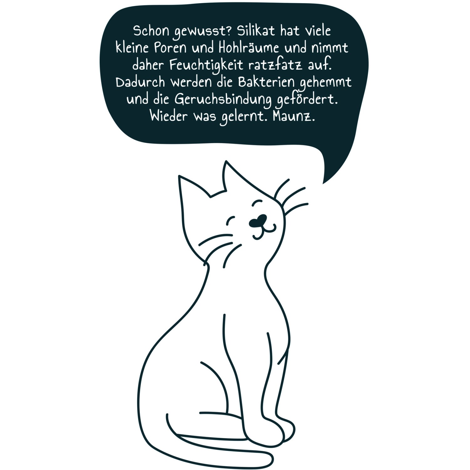 Illustration einer Katze, die über die Vorteile von Silikat in Klumpstreu informiert.