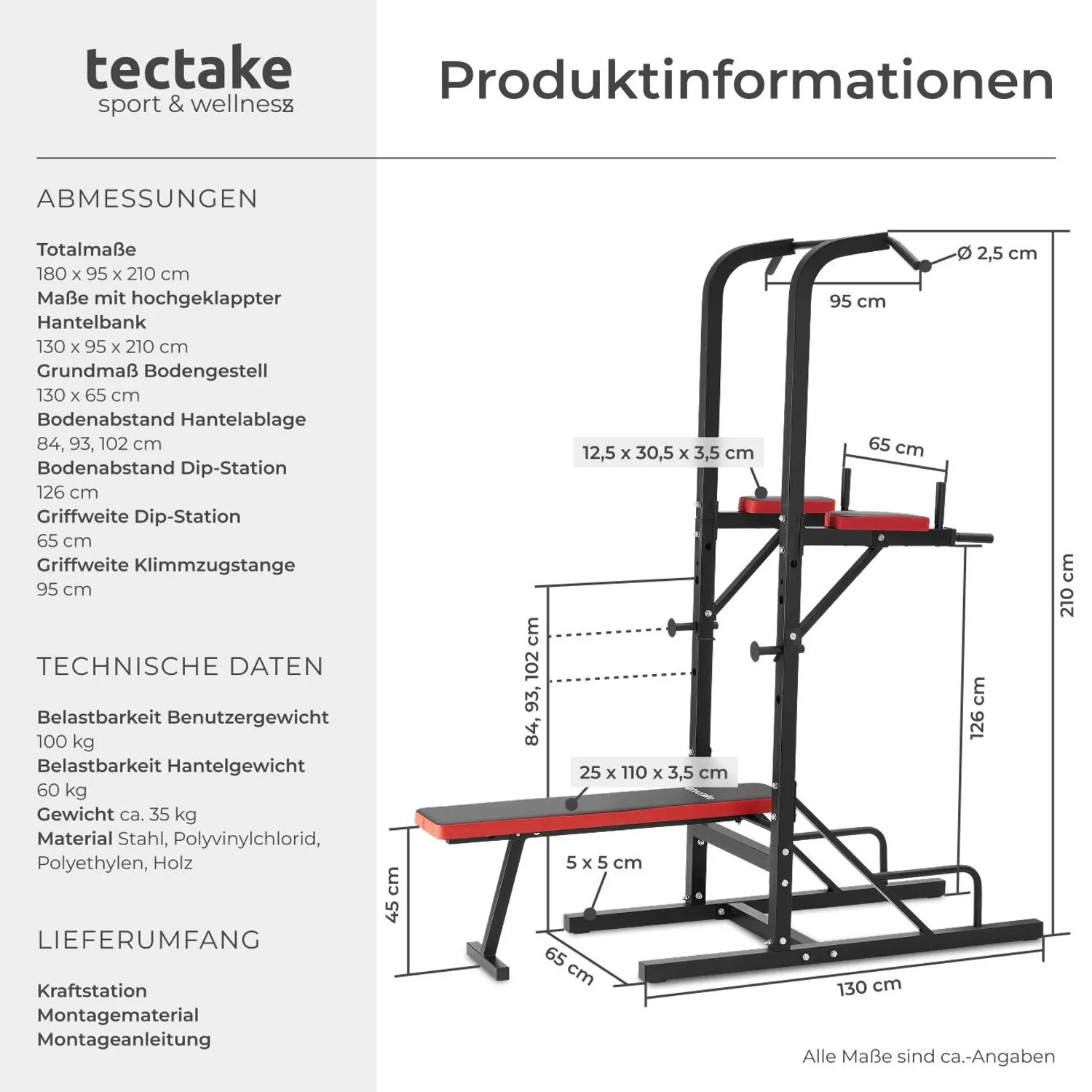 Schwarzer Tectake Power Tower mit Hantelbank, Klimmzugstange und Dip Station für Sport & Fitness.