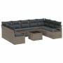 Graues 10-tlg. vidaXL Garten-Sofa-Set aus Poly Rattan mit Tisch und grauen Kissen.