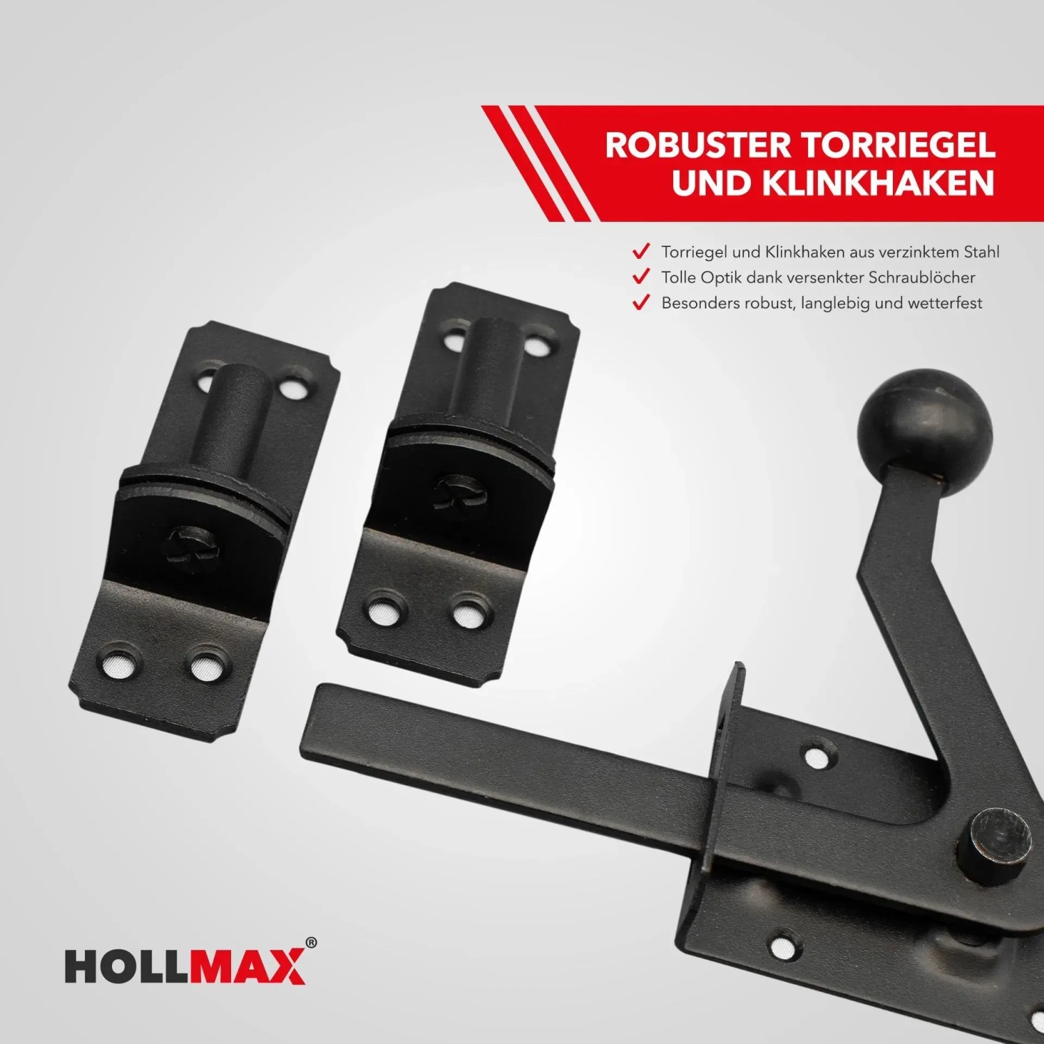 Hollmax Beschlagset für Gartentore, pulverbeschichtet, schwarz, inklusive Kloben, Ladenbänder und Torfalle.
