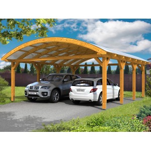 Skan Holz Doppelcarport Franken Eiche hell mit zwei parkenden Autos unter dem Bogendach.