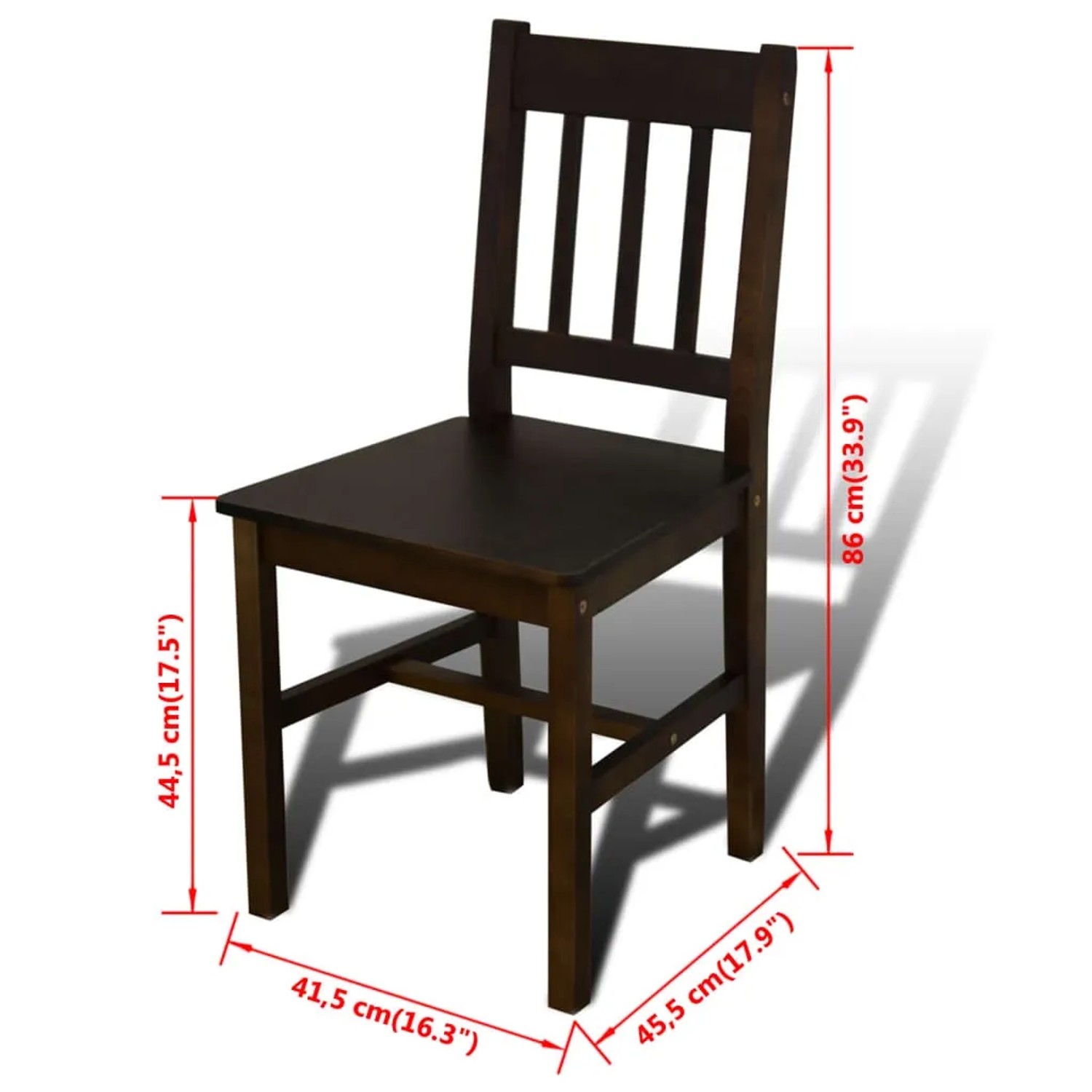Brauner Holzstuhl, Teil des vidaXL Esszimmersets, mit Maßen für Sitzhöhe und Gesamthöhe.