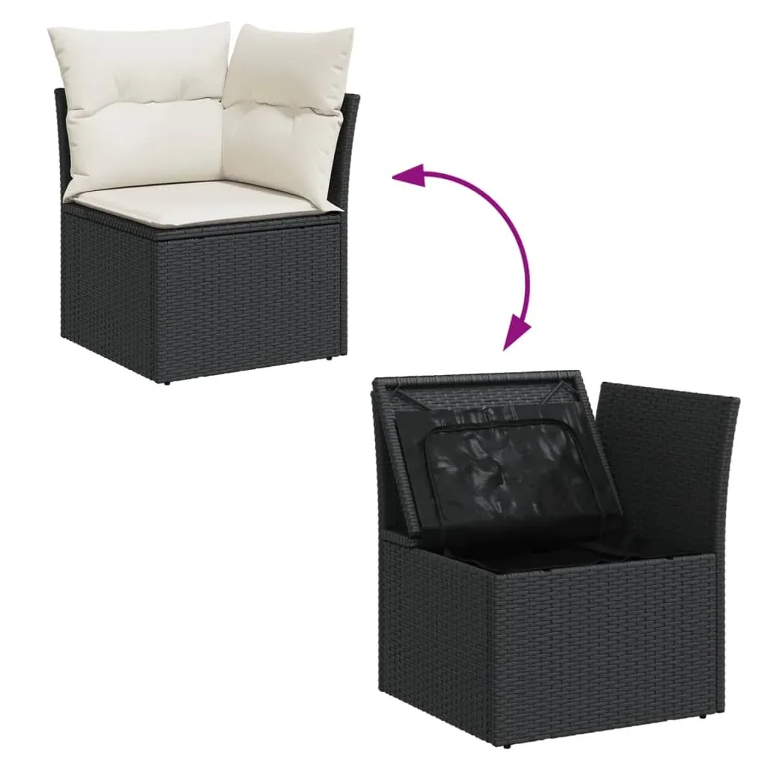 vidaXL Garten-Sofagarnitur, schwarzes Poly Rattan, mit Stauraum und Kissen.