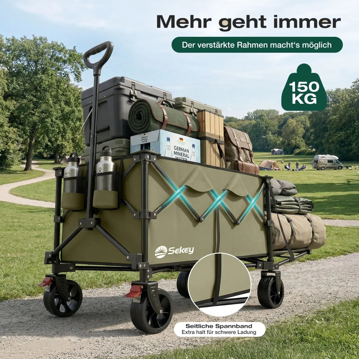 Sekey Bollerwagen, faltbar, olivgrün, mit Heckklappe, beladen mit Campingausrüstung. Ideal für Camping & Freizeit.