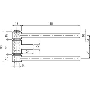 Technisches Maßbild des Sfs Stahlzargenband Türbands 3-teilig, 18x61 mm, mit Aushängesicherung, vernickelt.