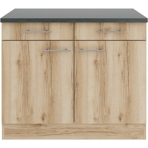 OPTIFIT Livorno290 Küchenunterschrank, 100 cm, Wildeiche Nachbildung mit Arbeitsplatte und Metallgriffen.