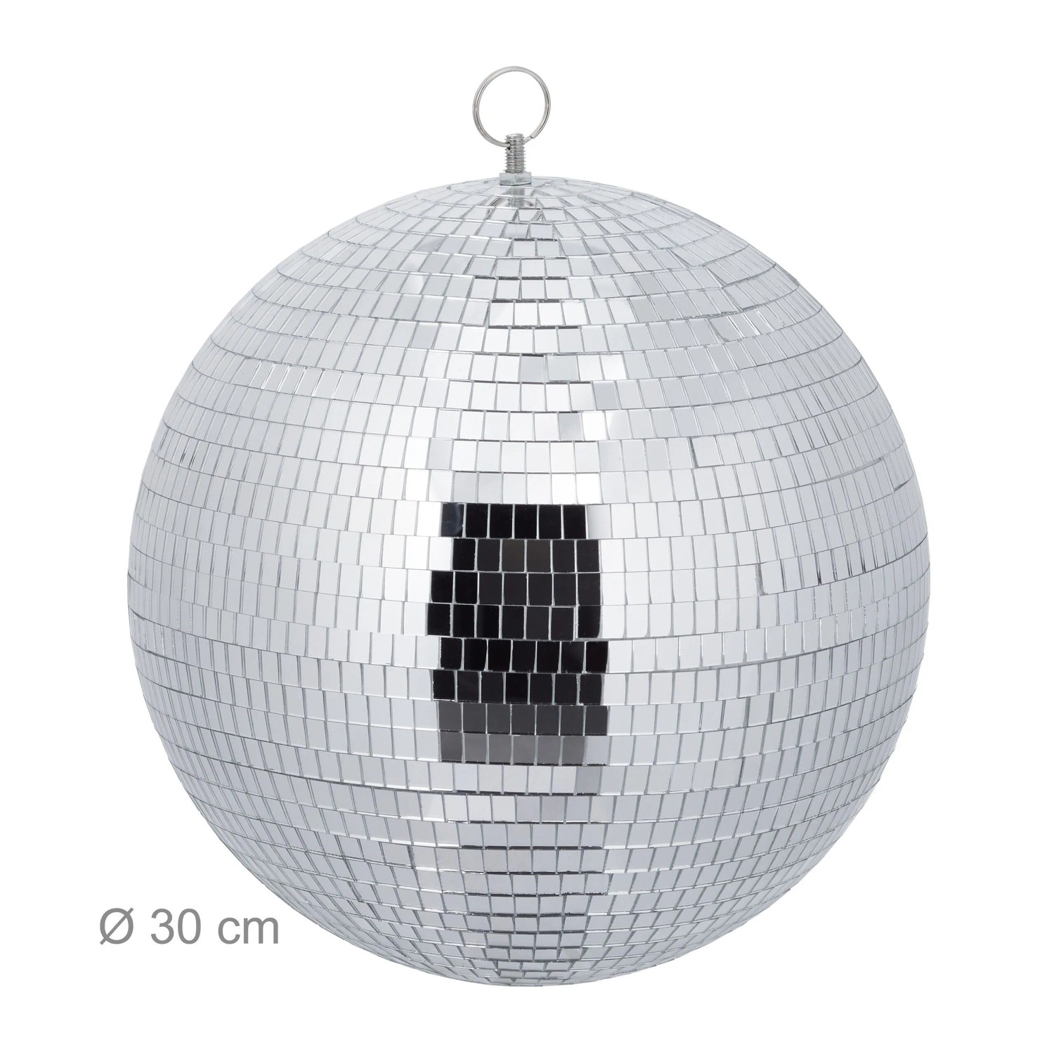 Silberne Discokugel mit vielen Glasfacetten und Öse zum Aufhängen, Ø 30 cm. Perfekt für Partys und Lichteffekte.