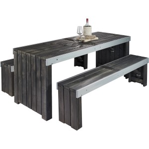 Anthrazitfarbenes 3-teiliges Wilk Gartenmöbel-Set Provence aus FSC-Kiefernholz mit Tisch und Bänken.