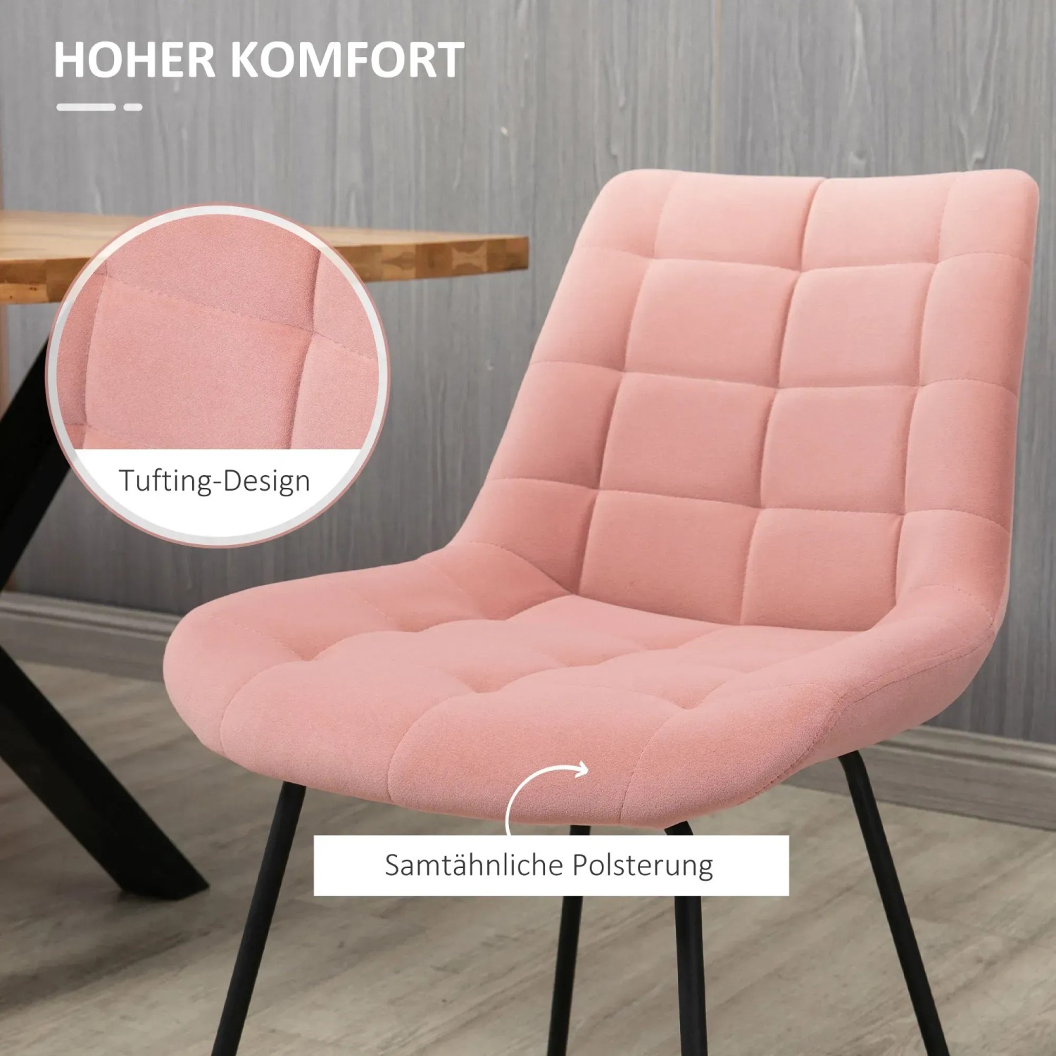 HOMCOM Esszimmerstuhl 2er Set im Retro Design, rosa Samt mit schwarzem Metallgestell.