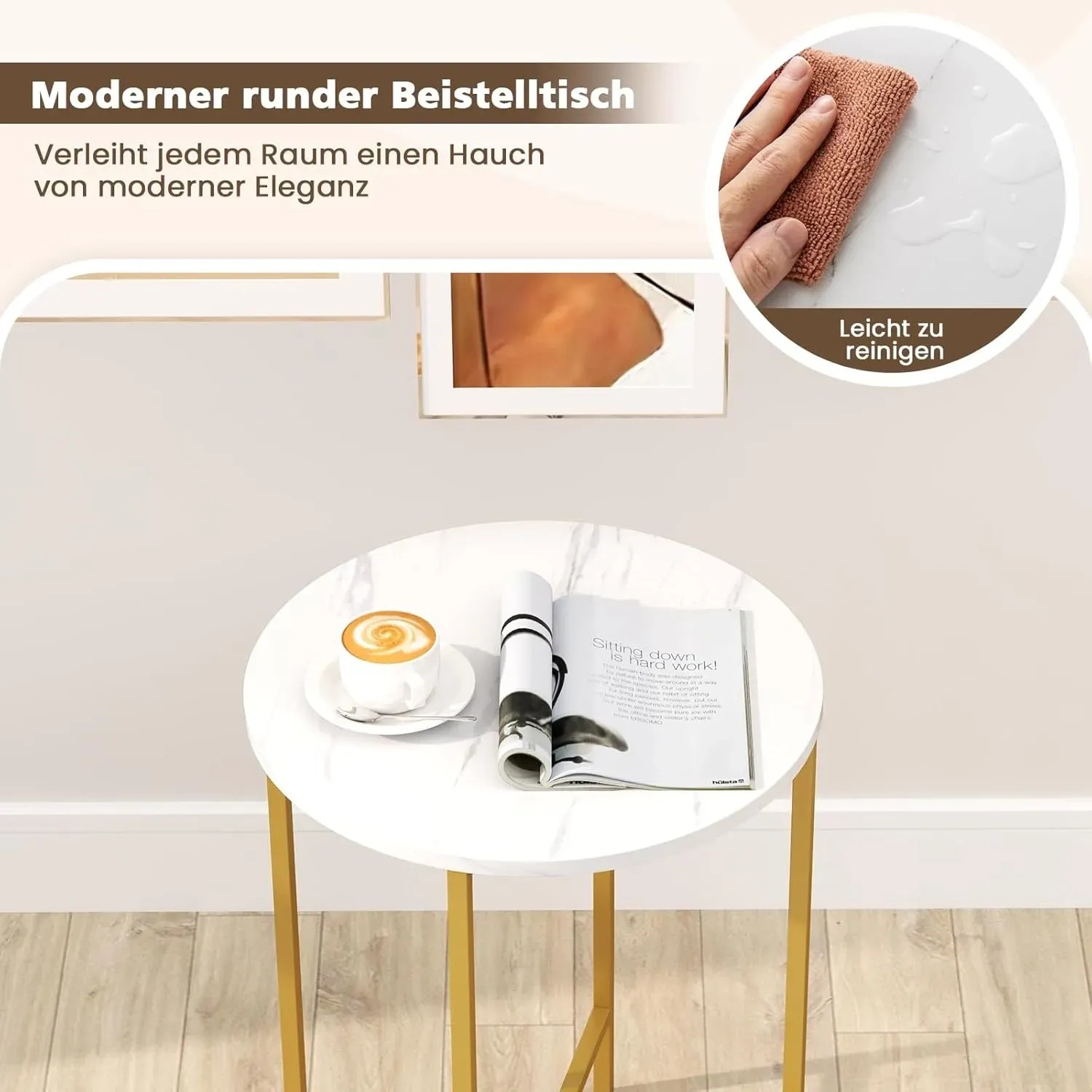 Moderner runder Beistelltisch mit weißer Marmorplatte und goldenen Metallbeinen. Leicht zu reinigen, ideal als Nachttisch.