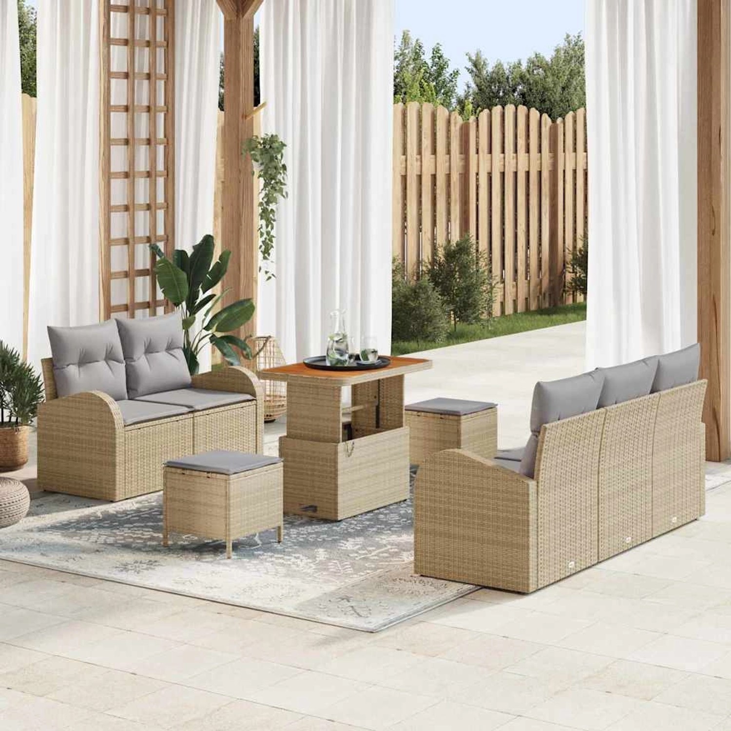 Beiges 8-teiliges vidaXL Garten-Sofa-Set aus Polyrattan mit Tisch und Hockern.