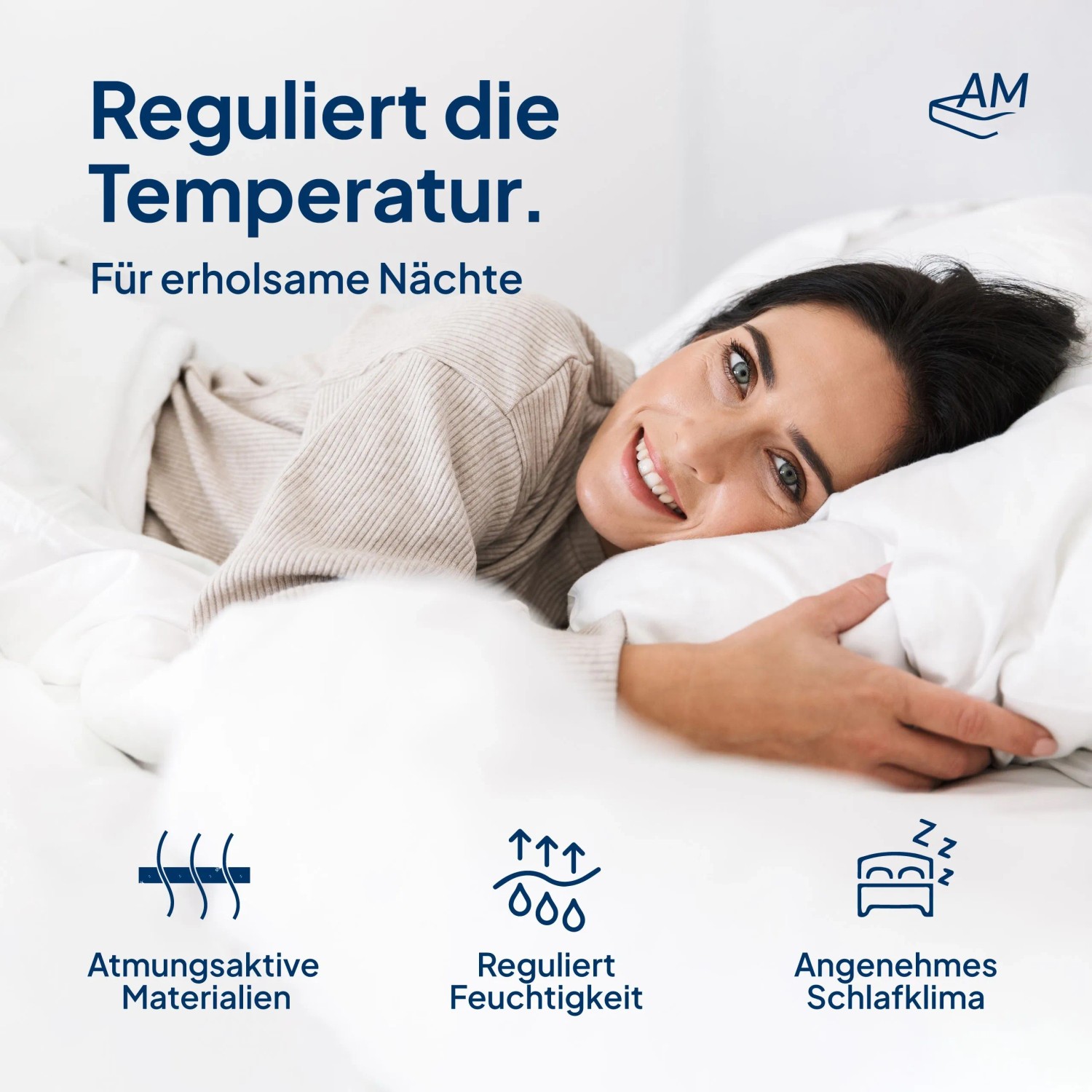 Frau entspannt auf AM Qualitätsmatratzen Gel Topper 200x200. Atmungsaktiv, Made in Germany.