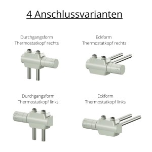 Ximax Multiblock-Set: 4 Anschlussvarianten (Eck- und Durchgangsform) mit Thermostatkopf links/rechts.
