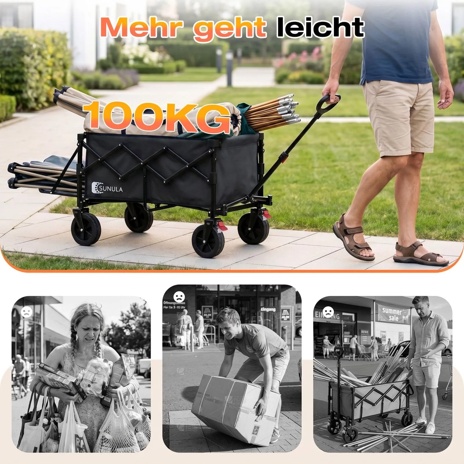 Schwarzer faltbarer Bollerwagen mit erweiterbarer Heckklappe, beladen mit Campingzubehör, wird von einem Mann gezogen. 100kg Tragkraft.