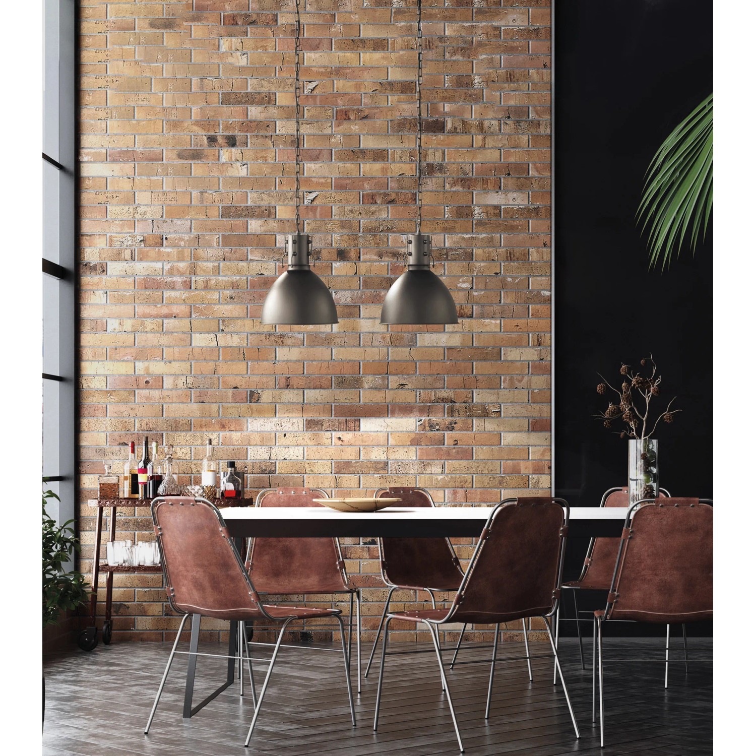 Zweiflammige Pendelleuchte London in Schwarz/Silber über Esstisch im Industrie-Look.