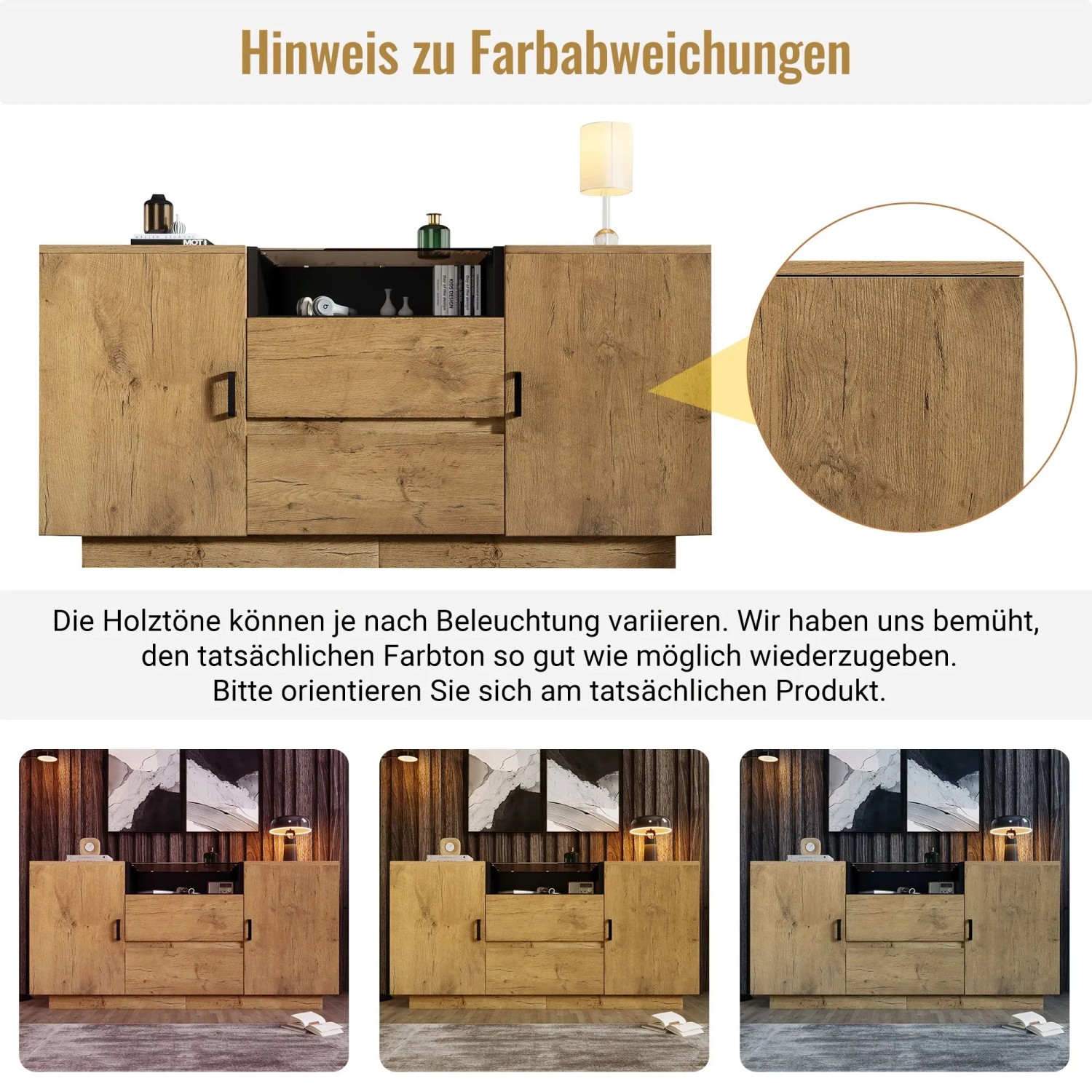 Merax Sideboard in Eichenoptik mit Glasfront, 2 Schubladen, offenen Fächern und schwarzen Griffen.