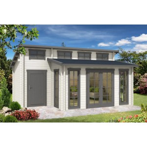Carlsson Gartenhaus Lausitz mit Pultdach, unbehandelt, 550x392 cm. Holz-Gartenhaus mit Tür und Fenstern.