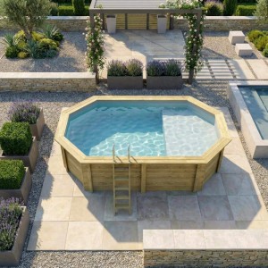 ALTANKA Holzpool Nemo 5,79x3,49 Höhe 1,45 m GRAU mit Liegefläche mit am Beton Verschraubten Stützen BAS7304OSPL2+PLA304