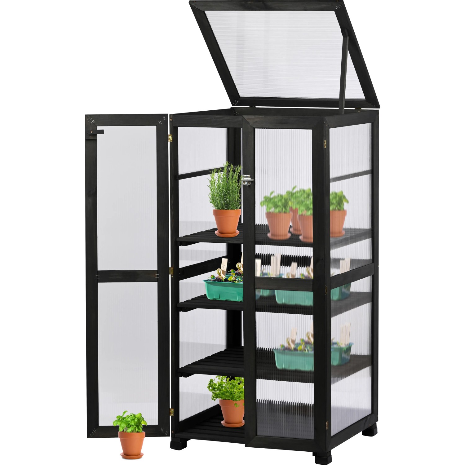 Großer, anthrazitfarbener Anzuchtschrank Dome aus FSC®-Kiefernholz mit Pflanzen auf mehreren Ebenen.