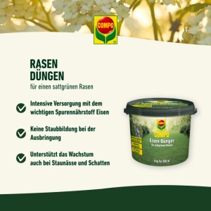 Compo Eisendünger 5 kg für sattgrünen Rasen und gesunden Rasenboden.